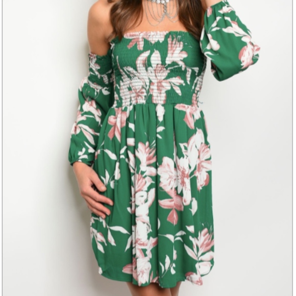 Dresses & Skirts - LAST 1: Green Floral Boho Off Shoulder Dress